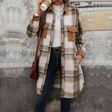 Plaid Long Winter Coat With Chest Pockets - Weriion