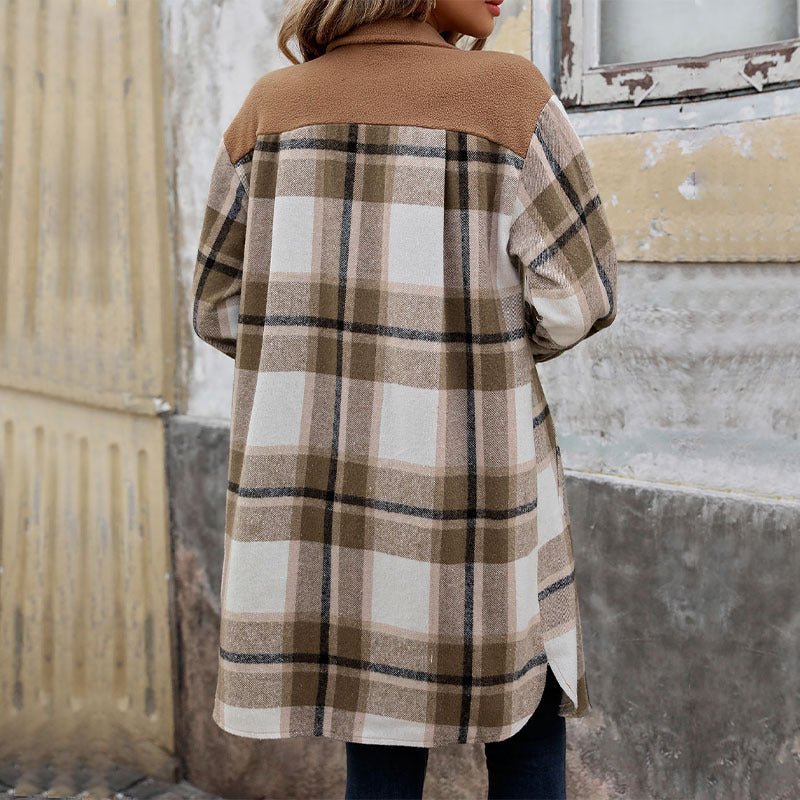 Plaid Long Winter Coat With Chest Pockets - Weriion