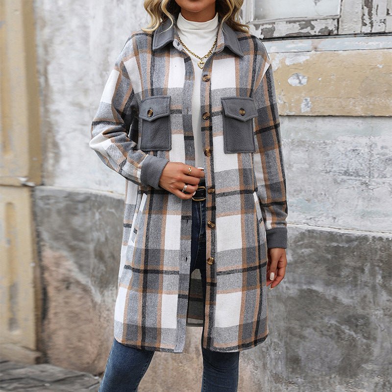 Plaid Long Winter Coat With Chest Pockets - Weriion