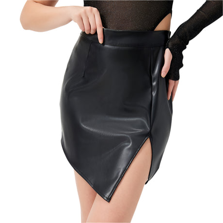 PU Leather High Slit Fashion Spice Girl Mid Waist Skirt - Weriion