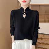 Retro Buckle Vertical Collar Sweater For Women - Weriion