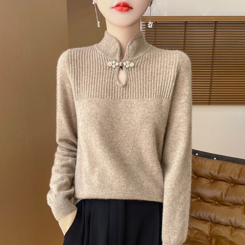 Retro Buckle Vertical Collar Sweater For Women - Weriion