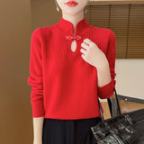 Retro Buckle Vertical Collar Sweater For Women - Weriion