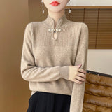 Retro Buckle Vertical Collar Sweater For Women - Weriion