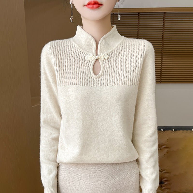 Retro Buckle Vertical Collar Sweater For Women - Weriion