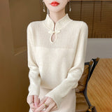 Retro Buckle Vertical Collar Sweater For Women - Weriion