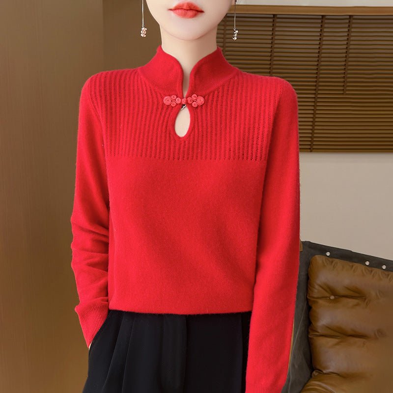 Retro Buckle Vertical Collar Sweater For Women - Weriion