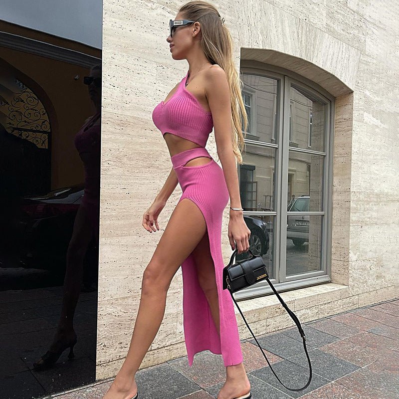 Sloping Shoulder Crop Top High Waist Hollow Skirt Suit Tight Two Piece Women's Clothing Set - Weriion