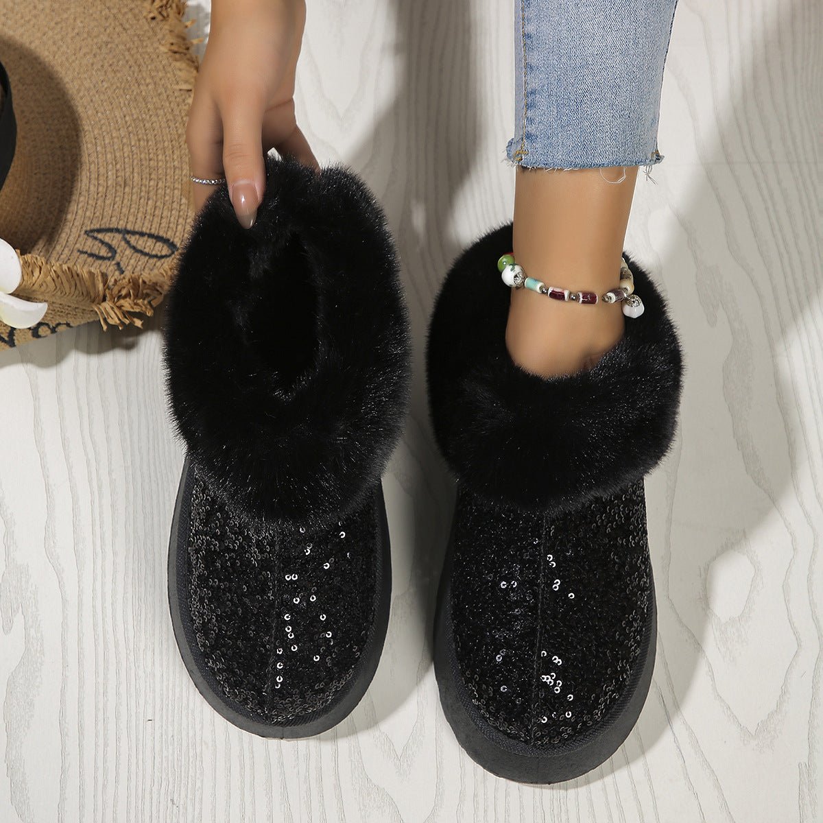 Sparkling Indoor Outdoor Casual Warm Comfortable Thick - Soled Plush Slippers For Women - Weriion