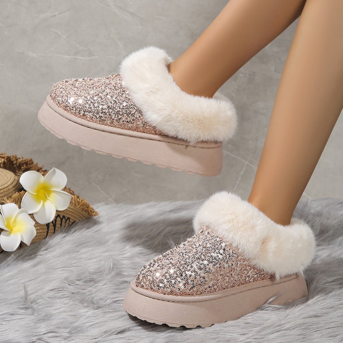 Sparkling Indoor Outdoor Casual Warm Comfortable Thick - Soled Plush Slippers For Women - Weriion