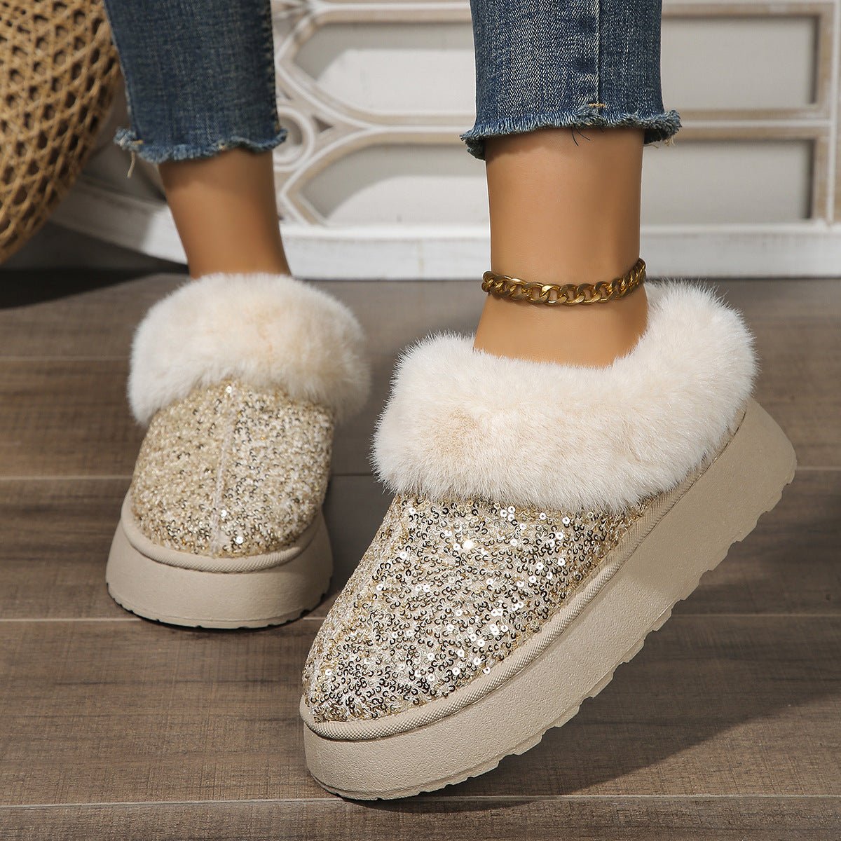 Sparkling Indoor Outdoor Casual Warm Comfortable Thick - Soled Plush Slippers For Women - Weriion