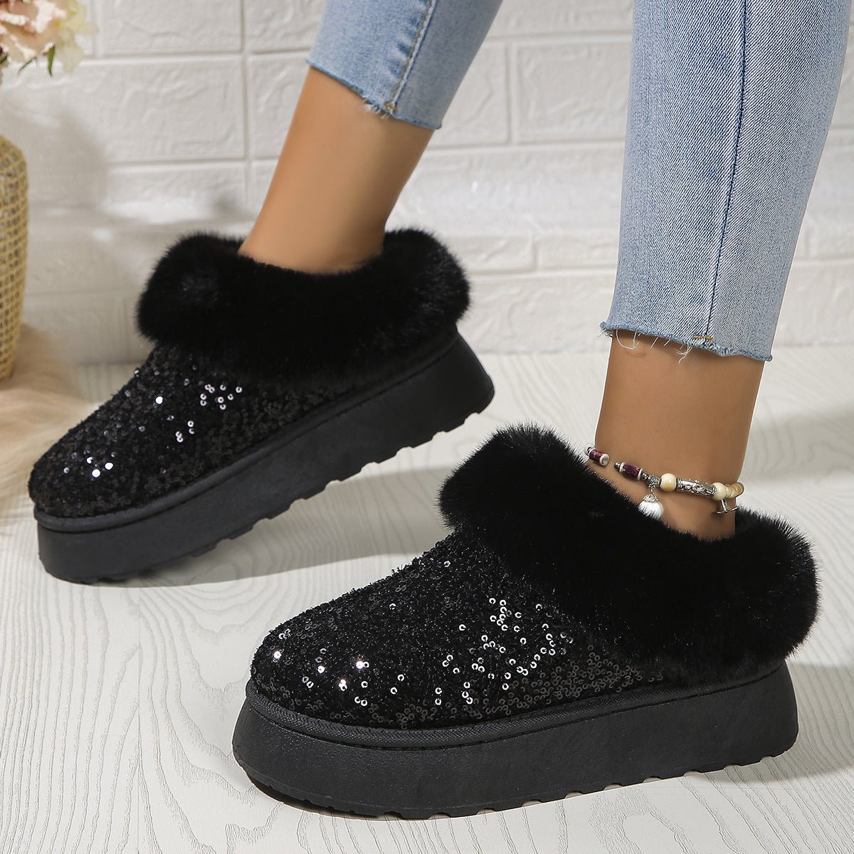 Sparkling Indoor Outdoor Casual Warm Comfortable Thick - Soled Plush Slippers For Women - Weriion