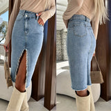 Split Fashion Casual Solid Denim Buttocks Skirt - Weriion