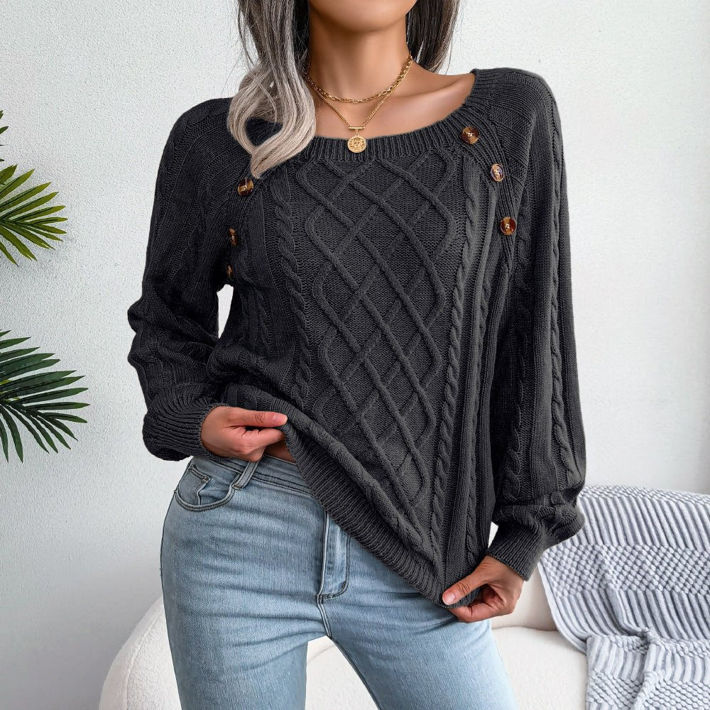 Square Neck Knitted Sweater With Button Design Winter Warm Long Sleeve Tops Women's Clothing - Weriion