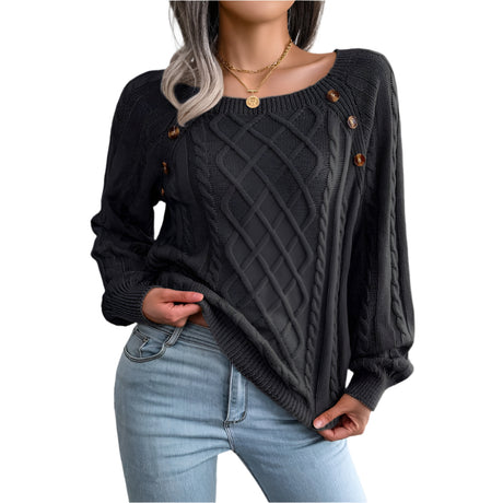 Square Neck Knitted Sweater With Button Design Winter Warm Long Sleeve Tops Women's Clothing - Weriion