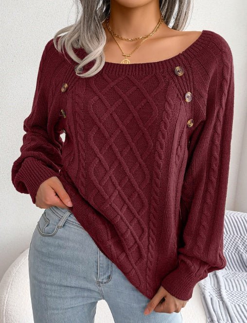 Square Neck Knitted Sweater With Button Design Winter Warm Long Sleeve Tops Women's Clothing - Weriion