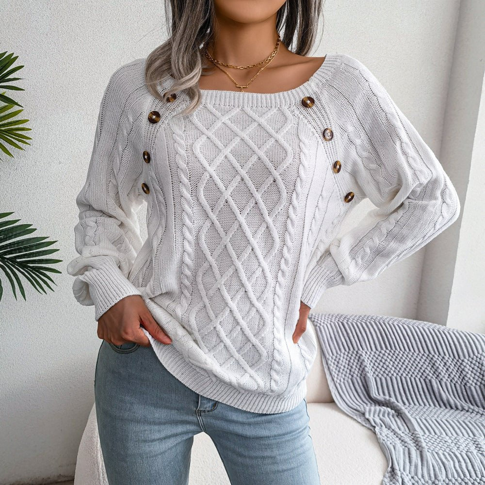 Square Neck Knitted Sweater With Button Design Winter Warm Long Sleeve Tops Women's Clothing - Weriion