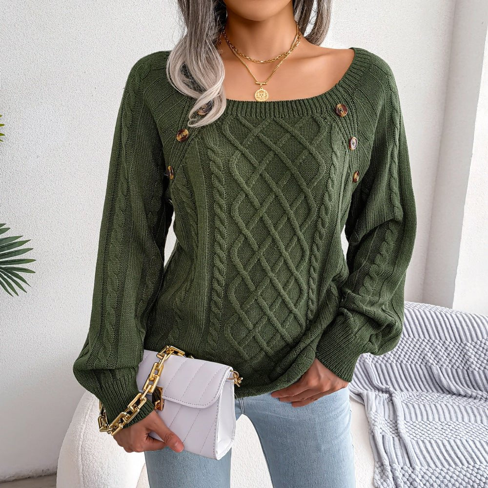 Square Neck Knitted Sweater With Button Design Winter Warm Long Sleeve Tops Women's Clothing - Weriion