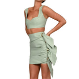 Synthetic Leather Crop Top And Skirt Two Piece Clothing Set - Weriion