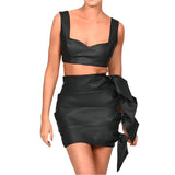 Synthetic Leather Crop Top And Skirt Two Piece Clothing Set - Weriion