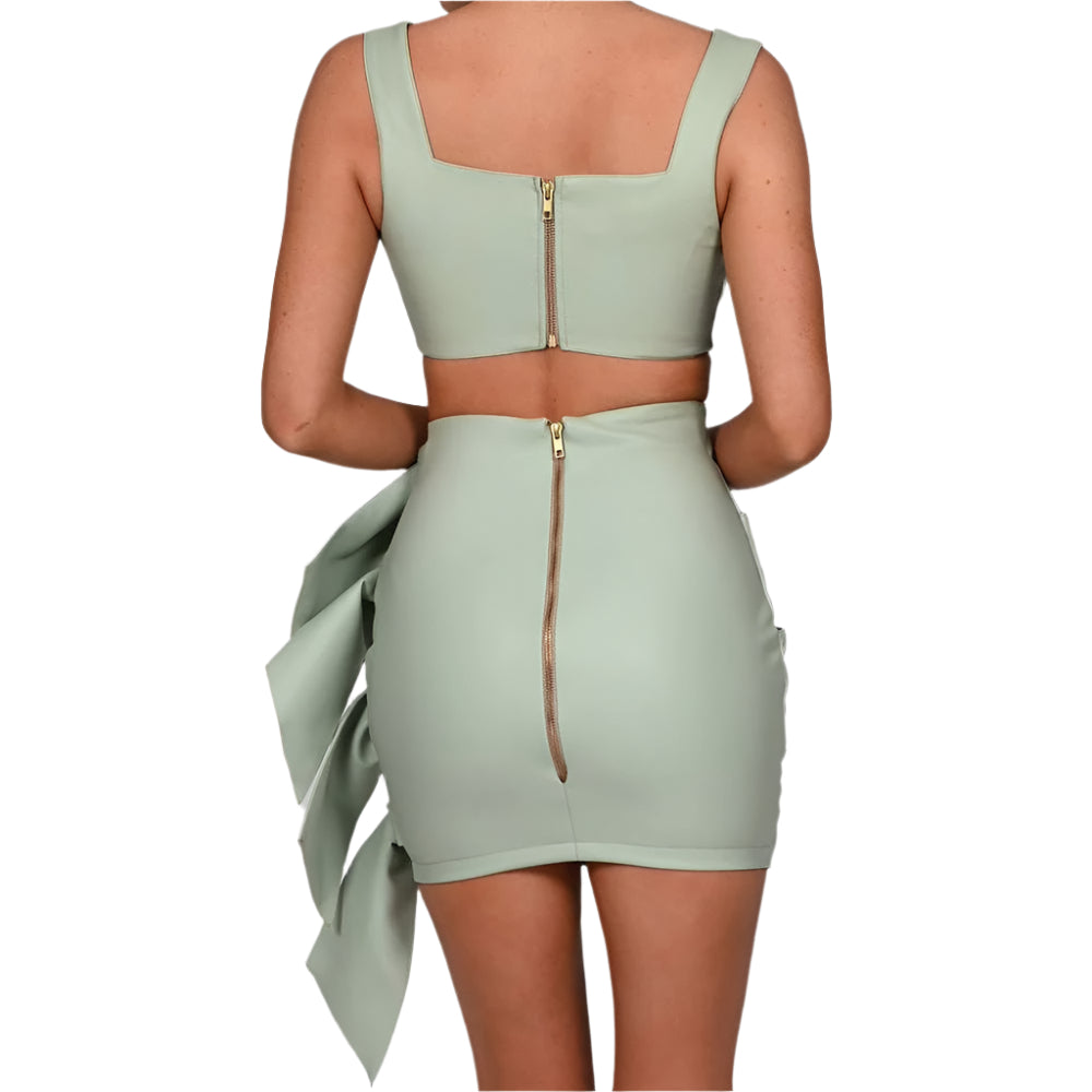 Synthetic Leather Crop Top And Skirt Two Piece Clothing Set - Weriion