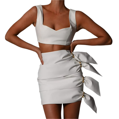 Synthetic Leather Crop Top And Skirt Two Piece Clothing Set - Weriion