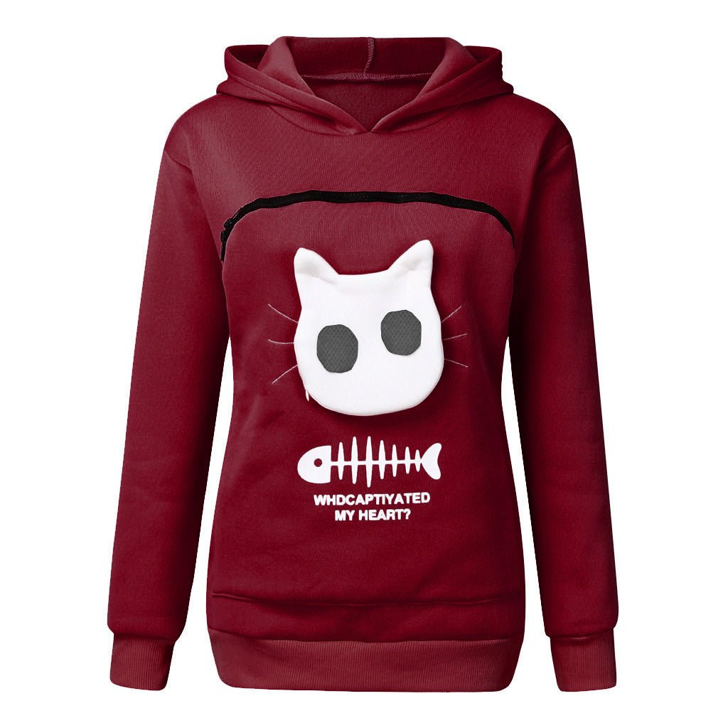 Women's Cat Pet Pocket Design Sweatshirt Long Sleeve Hoodies - Weriion