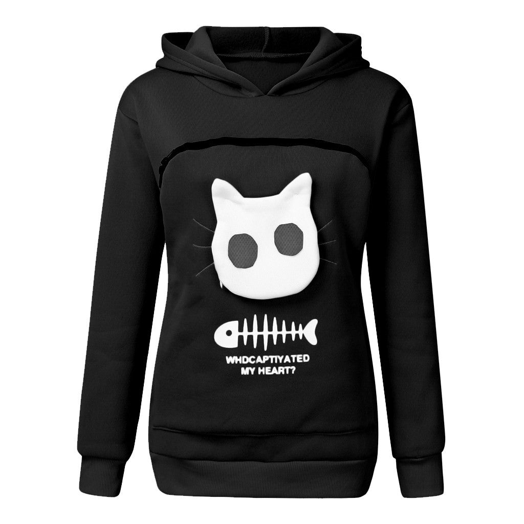 Women's Cat Pet Pocket Design Sweatshirt Long Sleeve Hoodies - Weriion