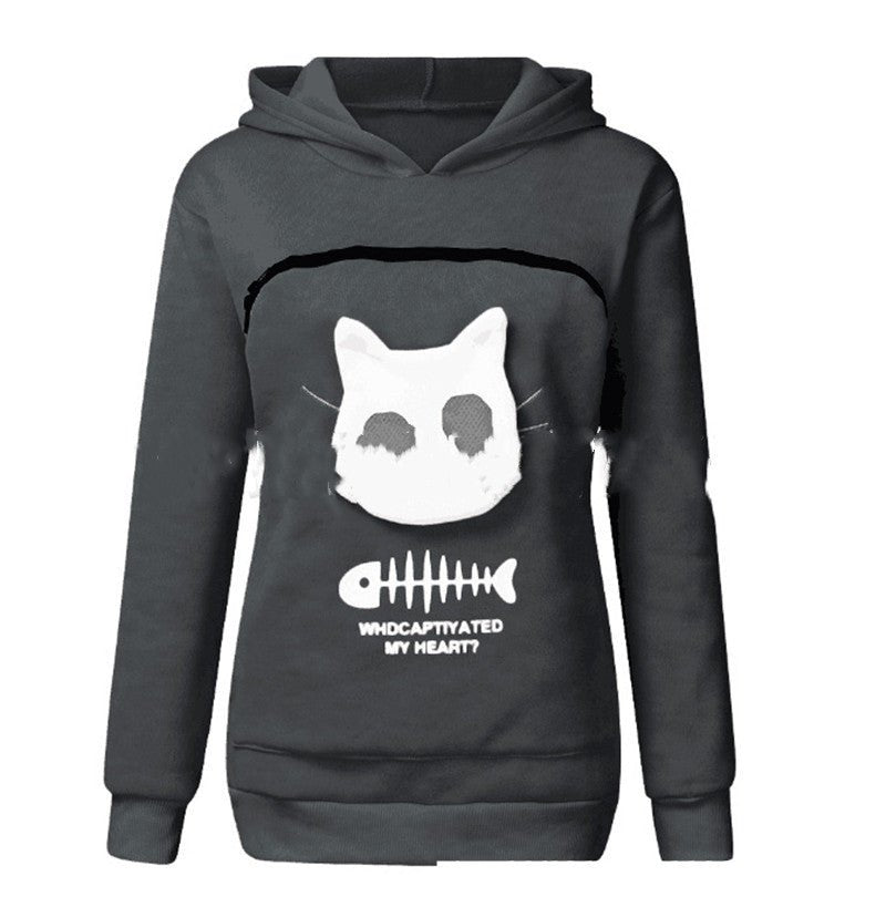 Women's Cat Pet Pocket Design Sweatshirt Long Sleeve Hoodies - Weriion