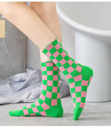 Women's Chessboard Plaid Contrast Color Tube Socks - Weriion