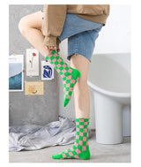 Women's Chessboard Plaid Contrast Color Tube Socks - Weriion