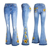 Women's Flared Jeans With Embroidered Sunflowers - Weriion