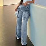 Women's Large Pocket High Waist Straight Jeans - Weriion