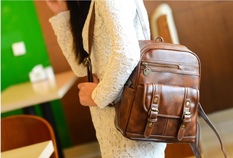 Women's Leather Vintage Fashion Backpack - Weriion