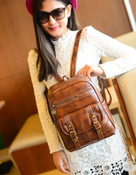 Women's Leather Vintage Fashion Backpack - Weriion