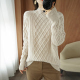 Women's Loose Fit Turtleneck Twisted Wool Sweater - Weriion