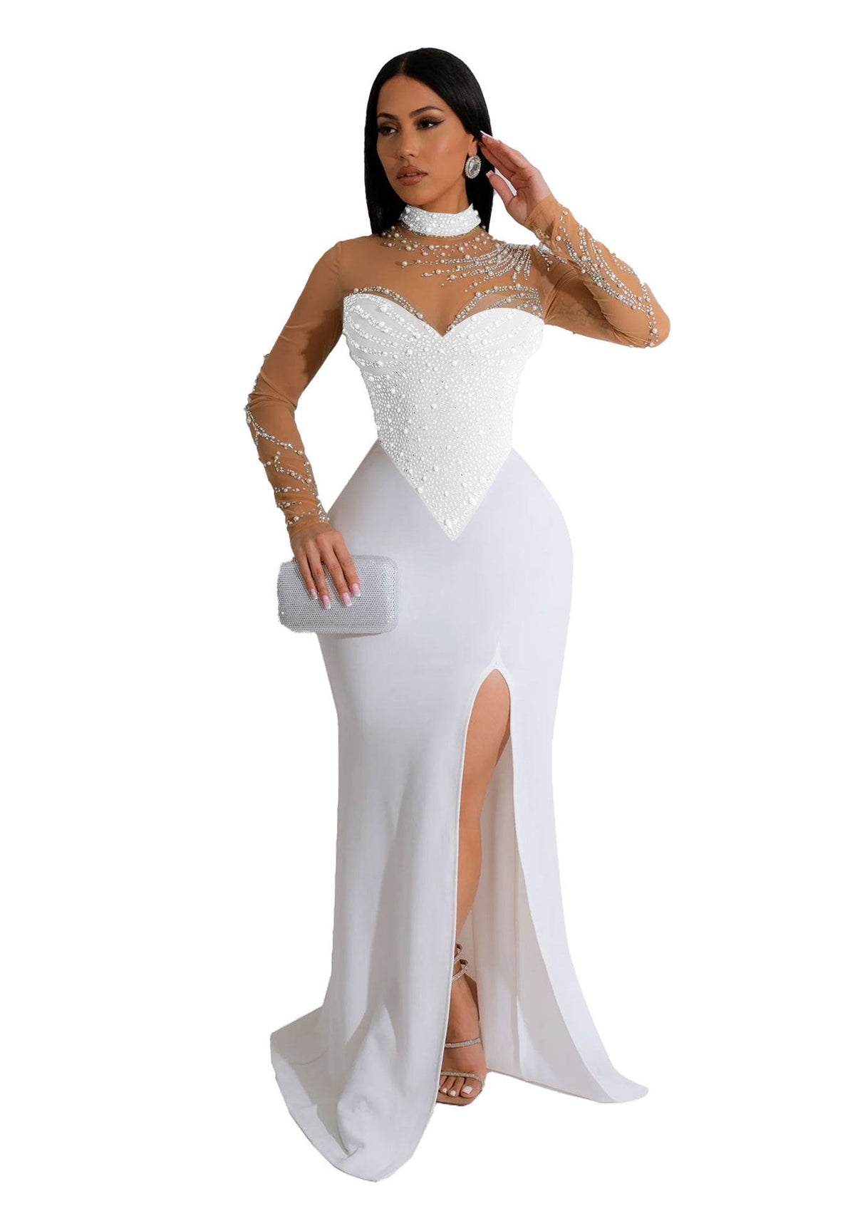 Women's Rhinestone Pearl See - Through Waist - Tight Stretch Split Dress - Weriion