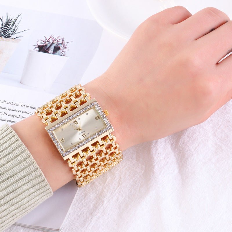 Women's Steel Band Rectangular Shaped Rhinestone Watch - Weriion