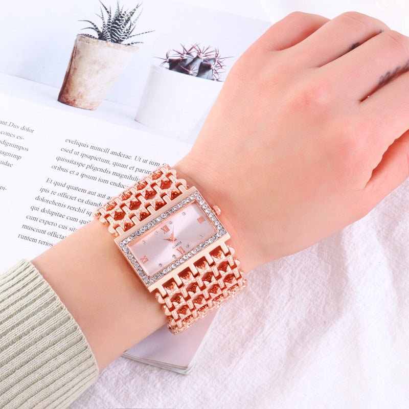 Women's Steel Band Rectangular Shaped Rhinestone Watch - Weriion