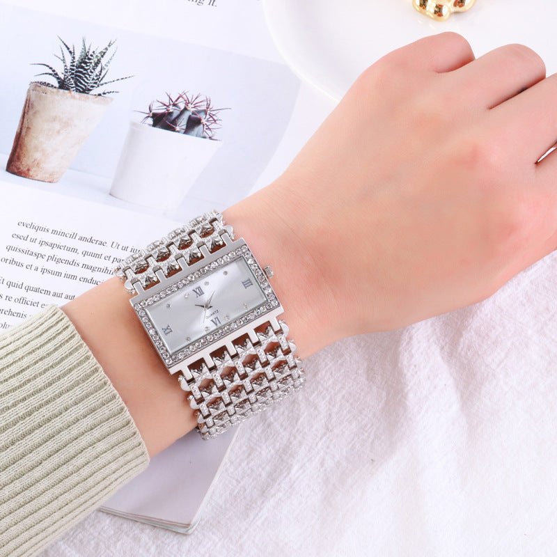 Women's Steel Band Rectangular Shaped Rhinestone Watch - Weriion