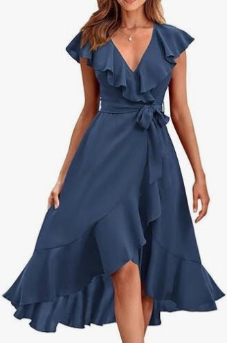 Women's V - Neck Short Ruffle Sleeves Dress - Weriion