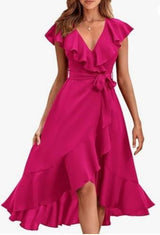 Women's V - Neck Short Ruffle Sleeves Dress - Weriion