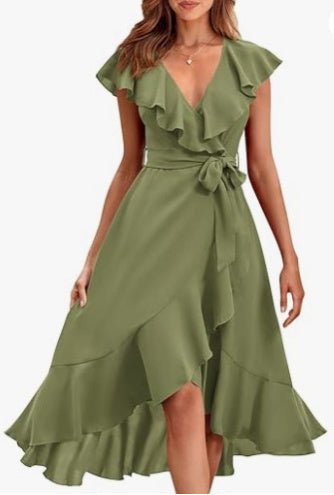 Women's V - Neck Short Ruffle Sleeves Dress - Weriion