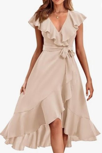 Women's V - Neck Short Ruffle Sleeves Dress - Weriion