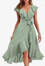 Women's V - Neck Short Ruffle Sleeves Dress - Weriion