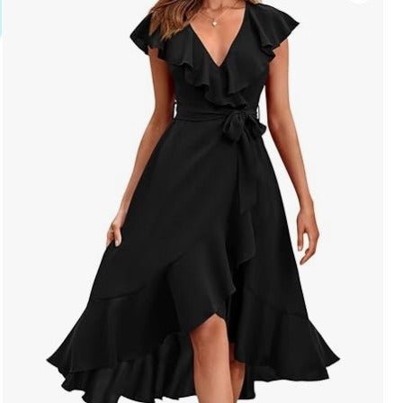 Women's V - Neck Short Ruffle Sleeves Dress - Weriion