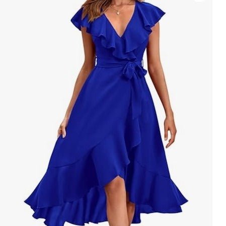 Women's V - Neck Short Ruffle Sleeves Dress - Weriion