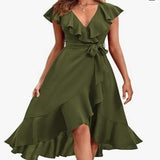 Women's V - Neck Short Ruffle Sleeves Dress - Weriion