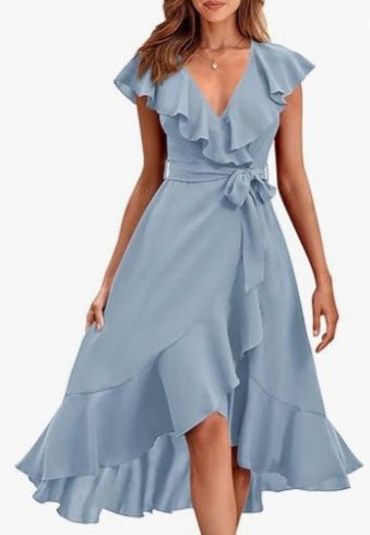 Women's V - Neck Short Ruffle Sleeves Dress - Weriion