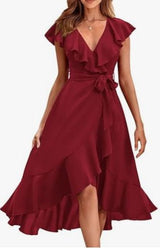 Women's V - Neck Short Ruffle Sleeves Dress - Weriion